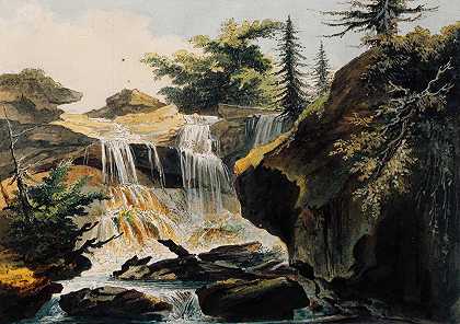 穆里附近的托贝尔瀑布`Wasserfall im Tobel bei Muri (1760~68) by Caspar Wolf