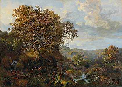 有瀑布和猎犬的风景，`A landscape with a waterfall and hounds, by Vladimir Osipovich Sherwood