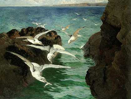 海鸥先生，圣艾夫斯先生`Gulls, St Ives bay by William Holt Yates Titcomb