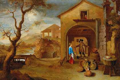 一对农民夫妇在农家院子里聊天`A peasant couple conversing in a farmyard by Gillis Peeters the Elder