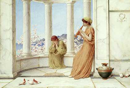 露台上的古典少女，一个在演奏奥洛斯`Classical maidens on the terrace, one playing an aulos by Henry Ryland