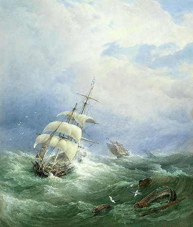 巨浪中的船只`Ships in a heavy swell by Edward Duncan
