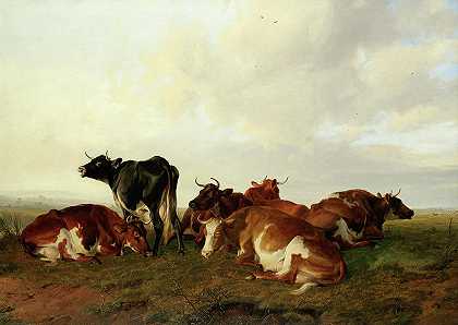 坎特伯雷牧场上的六头牛`A group of six cows in Canterbury Meadows by Thomas Sidney Cooper