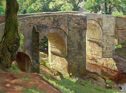 达特河上的霍尔恩桥`Holne Bridge on the River Dart by Ernest Procter