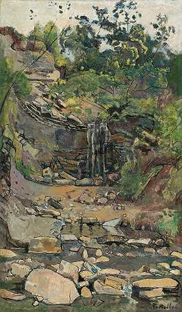 萨伏伊地区的瀑布`Waterfall In The Savoy Region by Ferdinand Hodler