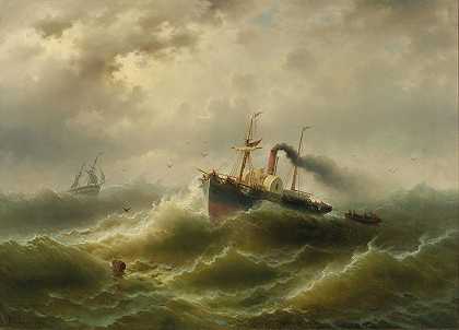 北海风暴中的汽船`Steamboat In A Storm On The North Sea by Albert Rieger