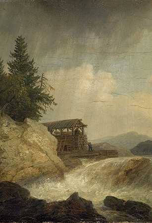 有瀑布的北欧风景`Nordic Landscape with a Waterfall (1843) by Christian Ezdorf