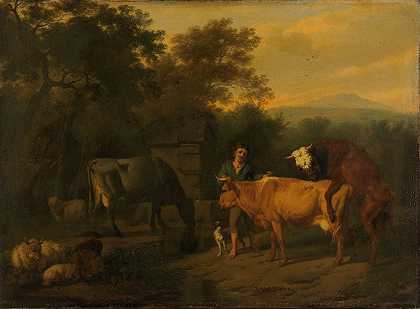牧牛景观`Landscape with Herdsman and Cattle (1675 ~ 1685) by Dirck van Bergen