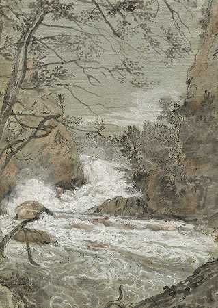 带瀑布的河流景观（recto）`River Landscape with a Waterfall (recto) (1704~1714) by Joachim Franz Beich