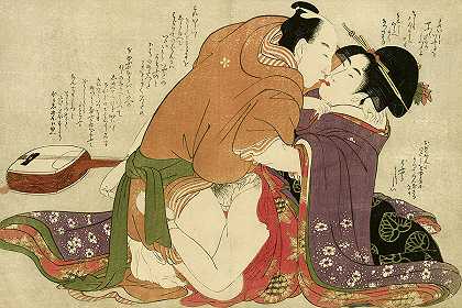 1799年，有情人和一个萨米森的年轻女子`Young Woman with Lover and a Shamisen, 1799 by Kitagawa Utamaro