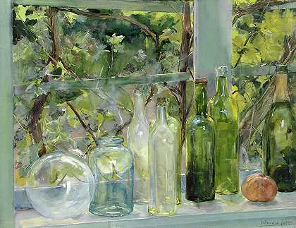 窗台上有瓶子、玻璃球和苹果`Windowsill with Bottles, a Glass Globe and an Apple by Menso Kamerlingh Onnes