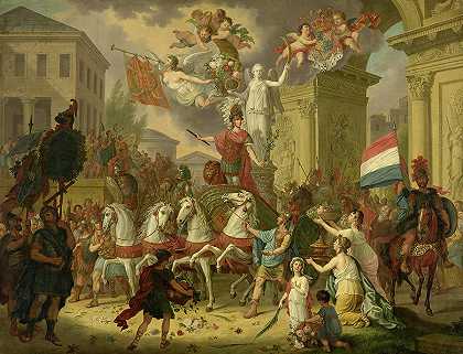 1815年滑铁卢英雄奥兰治王子凯旋游行的寓言`Allegory of the Triumphal Procession of the Prince of Orange, as the Hero of Waterloo, 1815 by Cornelis van Cuylenburgh