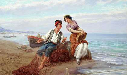 那不勒斯湾的一对年轻夫妇`A young couple in the bay of Naples by Pietro Gabrini