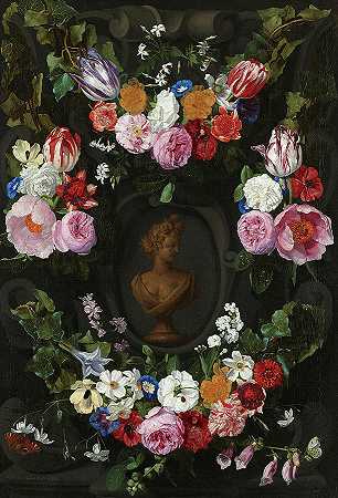 1665年，围绕着弗洛拉半身像的花环`Festoon of Flowers surrounding a Bust of Flora, 1665 by Jan Philip van Thielen