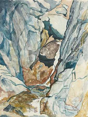 瀑布峡谷`Mountain Gorge With Waterfall by Giovanni Giacometti