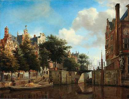 阿姆斯特丹城市景观，赫伦拉赫特和老哈勒默斯路易斯的房屋`Amsterdam City View with Houses on the Herengracht and the old Haarlemmersluis (c. 1670) by Jan van der Heyden