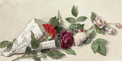 玫瑰和天竺葵的花束，1878年`Bouquet of roses and pelargonium, 1878 by Willem de Famars Testas