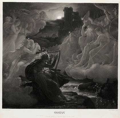 1801年，奥西安用竖琴的声音唤醒了洛拉河岸上的灵魂`Ossian Awakening the Spirits on the Banks of the Lora with the Sound of his Harp, 1801 by Jean Godefroy