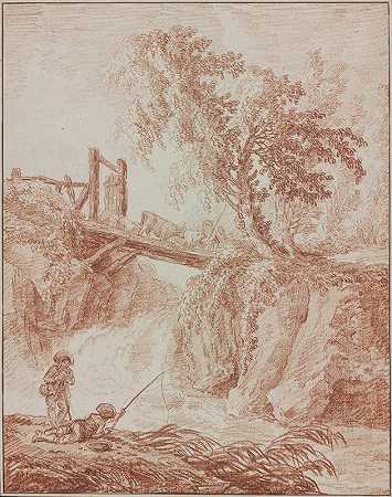 牧民穿越瀑布`Herdsmen Crossing a Waterfall (1770~1775) by Hubert Robert