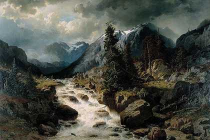 瑞士乌里州瀑布景观`Landscape with Waterfall from the Canton of Uri, Switzerland (1858) by Edvard Bergh
