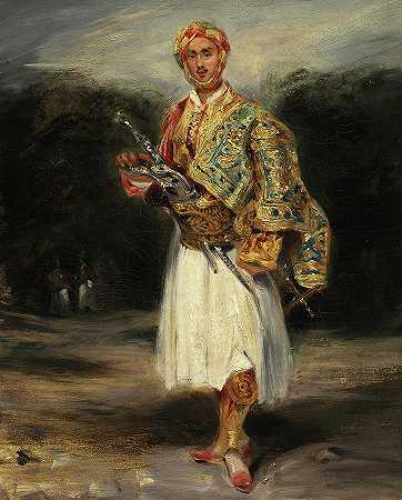 1858年，德米特里厄斯·德·帕拉蒂亚诺伯爵穿着苏利奥的服装`Count Demetrius de Palatiano in Suliot Costume, 1858 by Eugene Delacroix