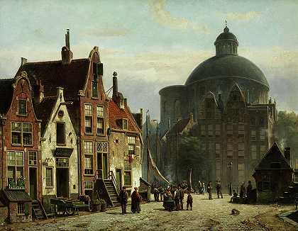 阿姆斯特丹的路德教堂`The Luther Church in Amsterdam view of a Place by Willem Koekkoek