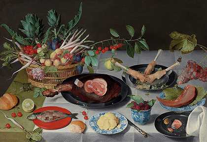 1620年《带肉、鱼、蔬菜和水果的静物画》`Still Life with Meat, Fish, Vegetables and Fruit, 1620 by Jacob van Hulsdonck