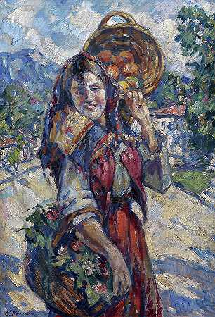 带着水果和鲜花的农家女孩`Peasant Girl with Fruit and Flowers by Konstantin Korovin