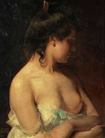 穿着便服的年轻女子`Young woman in a negligee by Jules Alphonse Debaene