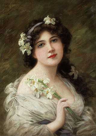 一位戴着水仙花的女士的肖像`Portrait of a Lady with Daffodil by Emile Eisman-Semenowsky