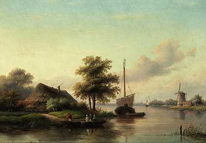 荷兰河流景观`Dutch river landscape by Jacob Jan Coenraad Spohler