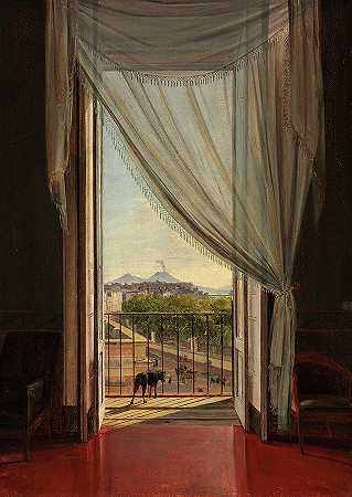 透过窗户看那不勒斯，1824年`A View of Naples through a Window, 1824 by Franz Ludwig Catel
