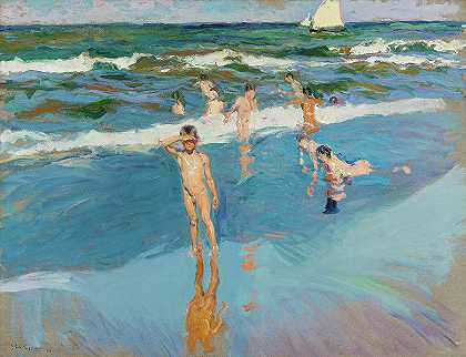 《海上的孩子》，瓦伦西亚海滩，1908年`Children in the sea, Valencia Beach, 1908 by Joaquin Sorolla