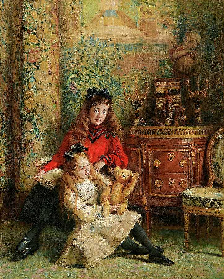艺术家的女儿奥尔加和玛丽娜与泰迪熊的肖像`Portrait of the artists daughters Olga and Marina with teddy bear by Konstantin Makovsky