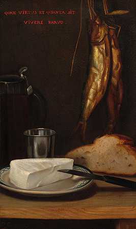 《带鲱鱼、面包和奶酪的静物画》，1858年`Still Life with Herring, Bread, and Cheese, 1858 by Alexandre-Gabriel Decamps