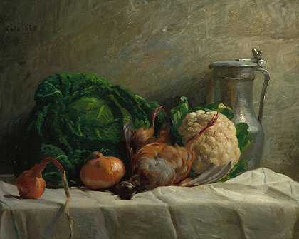 《蔬菜、鹧鸪和水壶的静物》，1858年`Still Life with Vegetables, Partridge, and a Jug, 1858 by Adolphe-Felix Cals