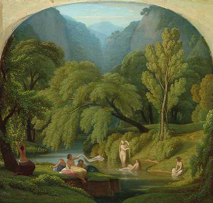 1861年，蒂沃利阿尼奥河两岸的游泳者纪念品`The Bathers, Souvenir of the Banks of the Anio River at Tivoli, 1861 by Theodore Caruelle d\’ Aligny