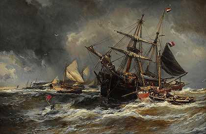 风暴中的船只`Boats in the storm by Eugene Isabey