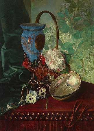 一个双耳形花瓶，一篮牡丹，一个鲍鱼壳和三色堇摆在一张有窗帘的桌子上`An amphora shaped vase, a basket of peonies, an abalone shell and pansies on a draped table by Jose Maria Bracho Murillo