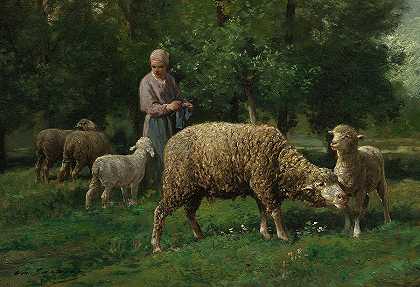 牧羊女与羊，1876年`Shepherdess with Sheep, 1876 by Charles Jacque