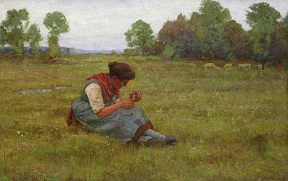 宁静草地上的牧羊女`A shepherdess in a tranquil meadow by Richard Falkenber