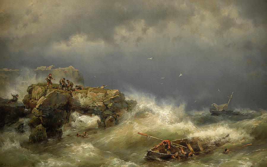 海难`A shipwreck by Johannes Hermanus Koekkoek