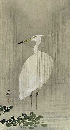 雨中的白鹭`Egret in rain by Ohara Koson