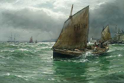 在圣马维斯大吹特吹`Blowing hard off St Mawes by Arthur Wilde Parsons