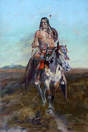 黑脚童子军，1913年`Blackfoot Scout, 1913 by Olaf Seltzer