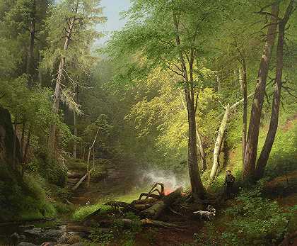 森林中的猎人，1882年`Hunter in the Woods, 1882 by Hermann Herzog