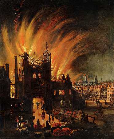 1670年伦敦大火与路德盖特和老圣保罗教堂`The Great Fire of London, with Ludgate and Old St. Paul\’s, 1670 by Unknown artist
