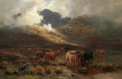 雾中的高地牛`Highland cattle in the mist by Louis Bosworth Hurt