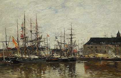 安特卫普，码头三人组`Antwerp, Trois-mats at quay by Eugene Boudin