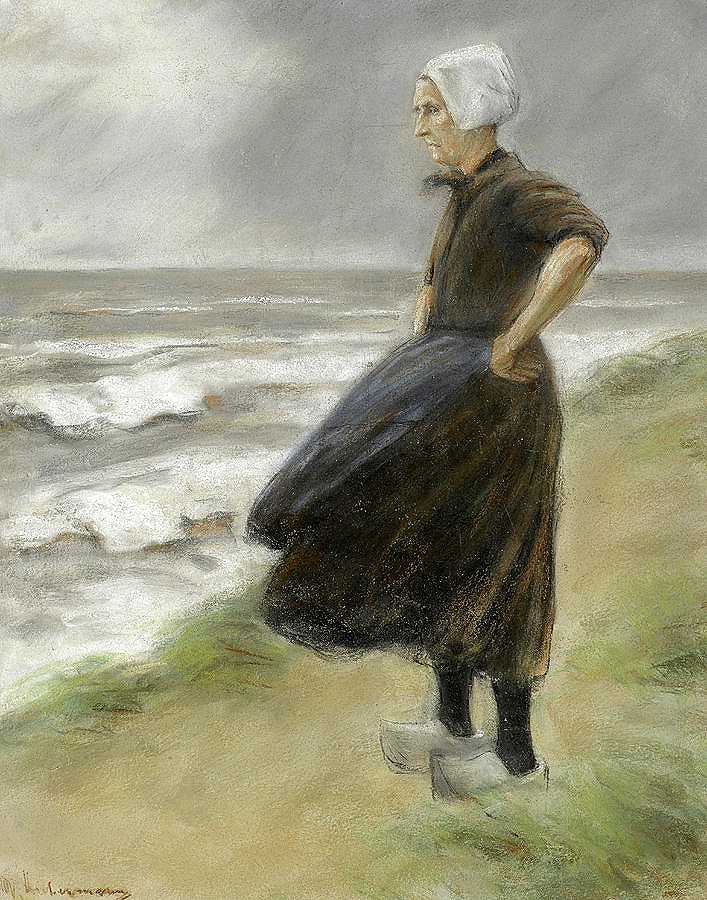 荷兰女人站在左边的沙丘上`Dutchwoman, standing in the dunes to the left by Max Liebermann
